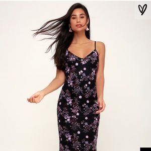Floral black and purple embroidered midi dress